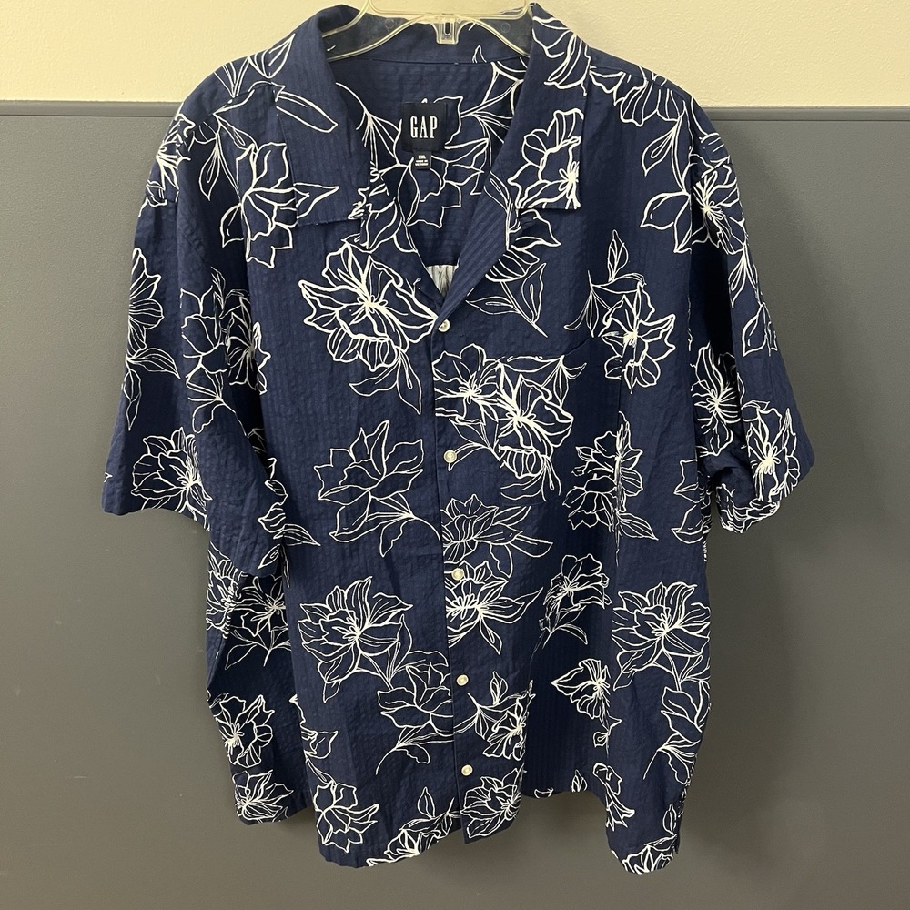 GAP Seersucker Shirt Men's XXL Vacation Beach Short Sleep Navy Shirt 100% Cotton